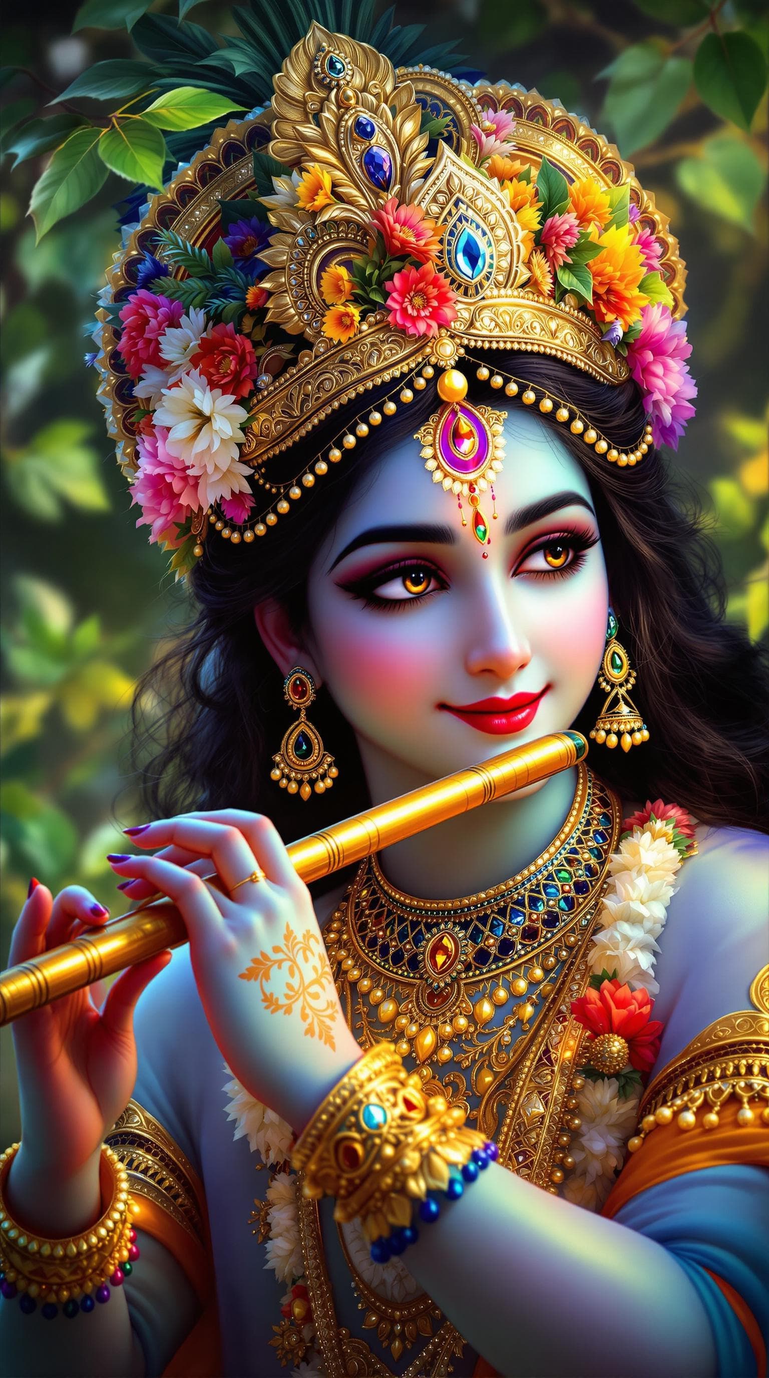 AI generated: "A highly detailed and vibrant digital painting of Lord Krishna playing the flute, adorned with an e...