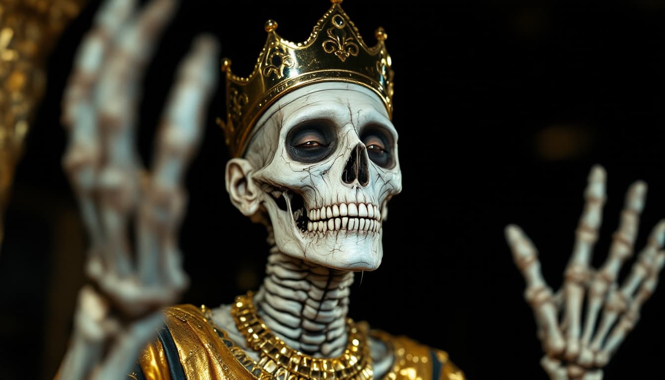 AI generated: The image features a dead old queen in full attributes, depicted as a mummy. She is wearing a crown ...