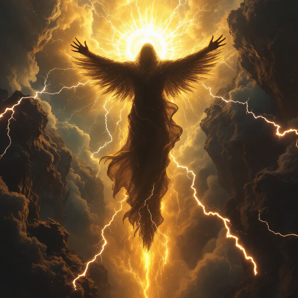 AI generated: Image of a black god like figure descending from a bright sky. Lighting striking all around. 