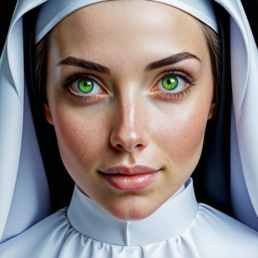 AI generated: close-up of a stunning nun, ultra-realistic portrait, green eyes, brownhead, high quality, no freckl...