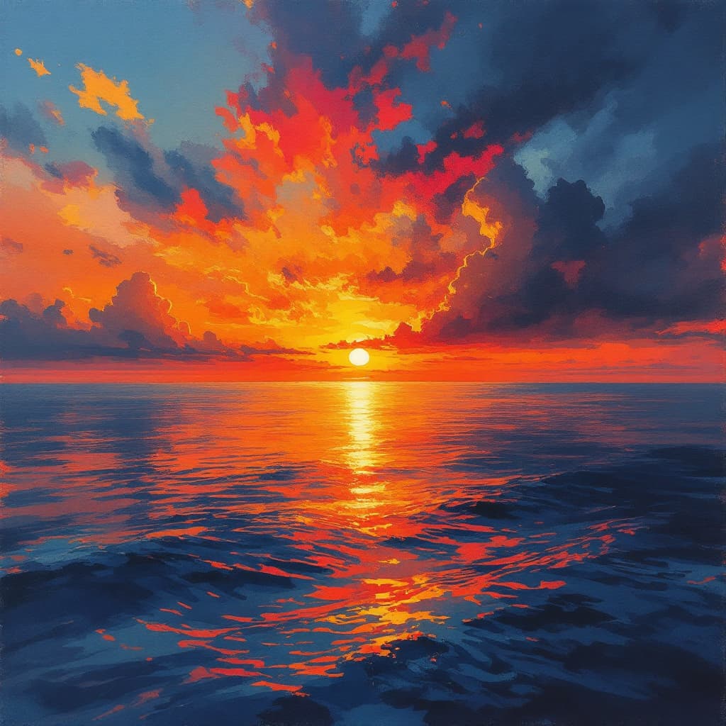 AI generated: "a dramatic sunset over a calm ocean, with fiery orange and red hues reflected in the water, rendere...