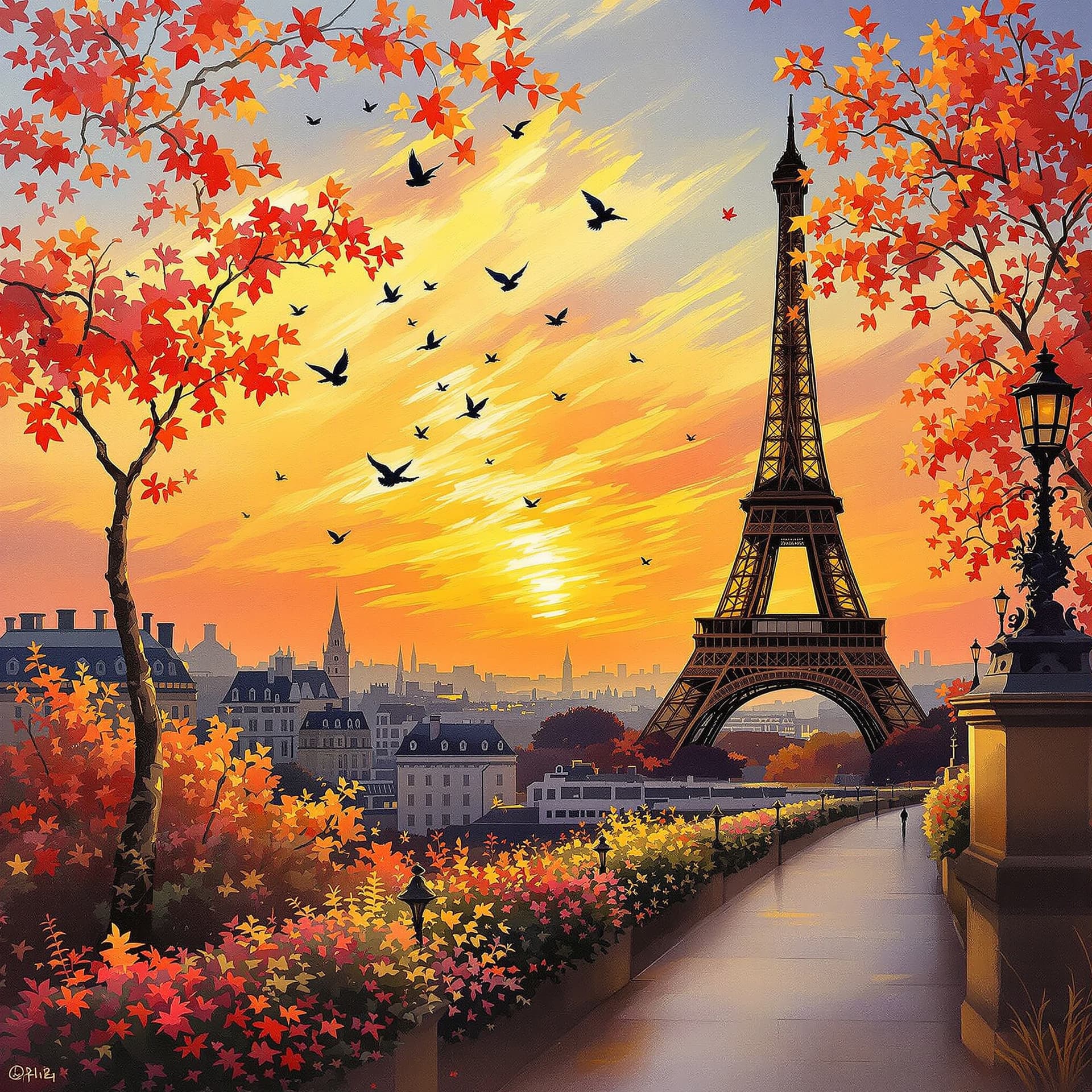 AI generated: impressionist painting on canvas of Paris, the Eifel tower in the background. Sunset, beautiful bird...