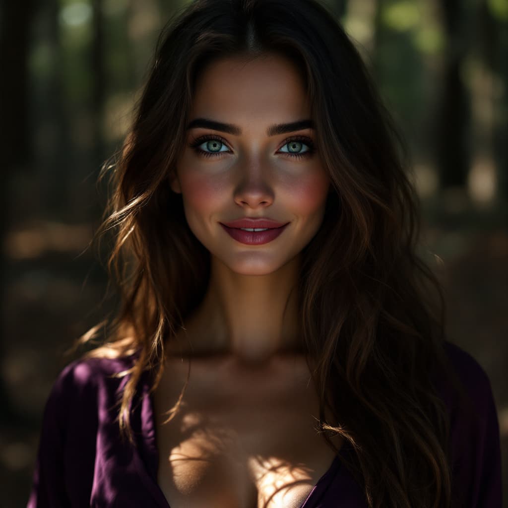AI generated:  female, with  Long brunette hair with light highlights hangs over her shoulders. She wears a plum c...