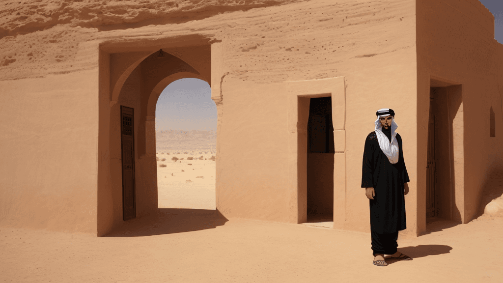 AI generated: man, mysterious, An Arab wears a turban, standing infront of his old house in the desert
