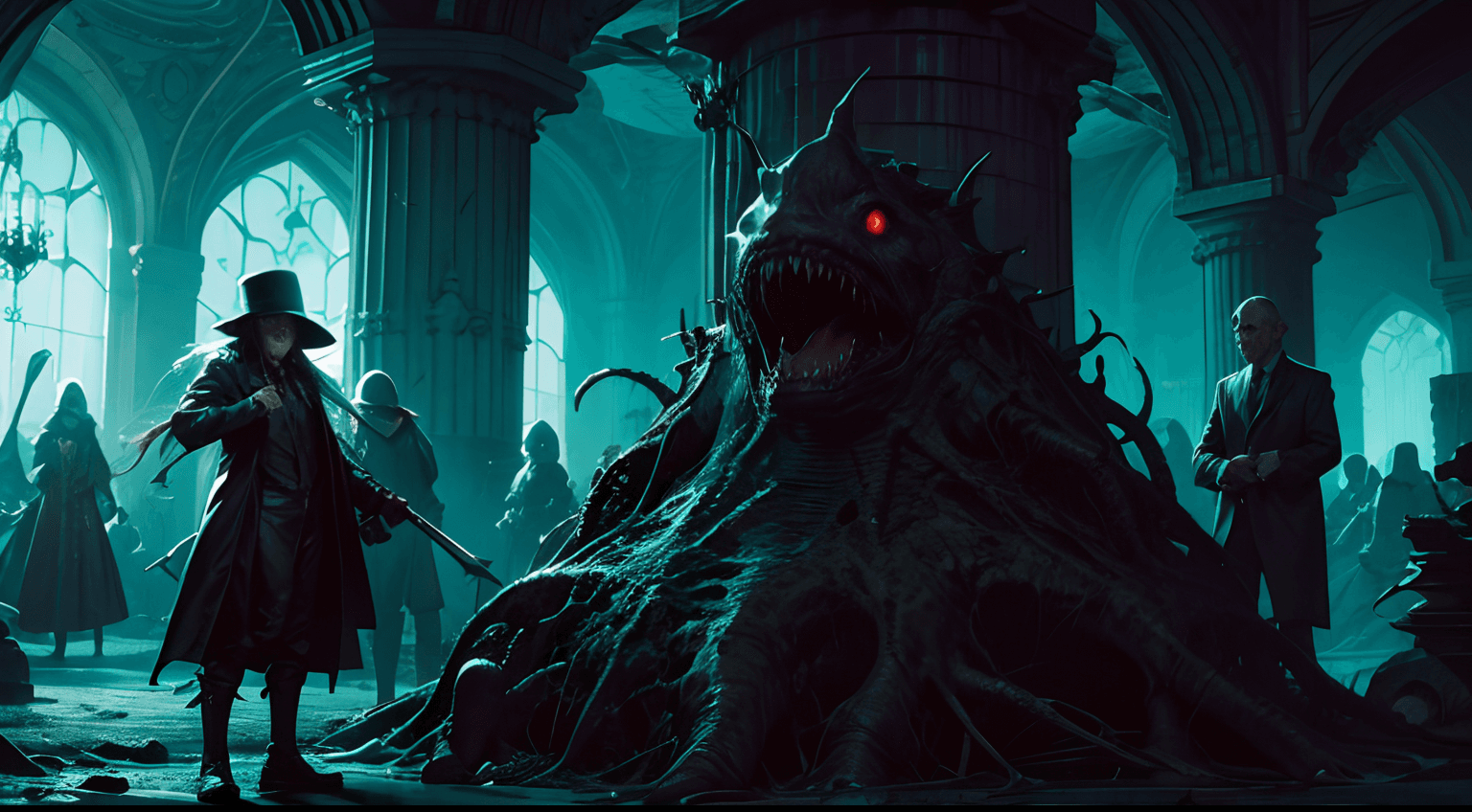 AI generated: Innsmouth, Coastal, Decaying architecture, Uncanny horror, Fish-like inhabitants, Cosmic horrors, Ma...