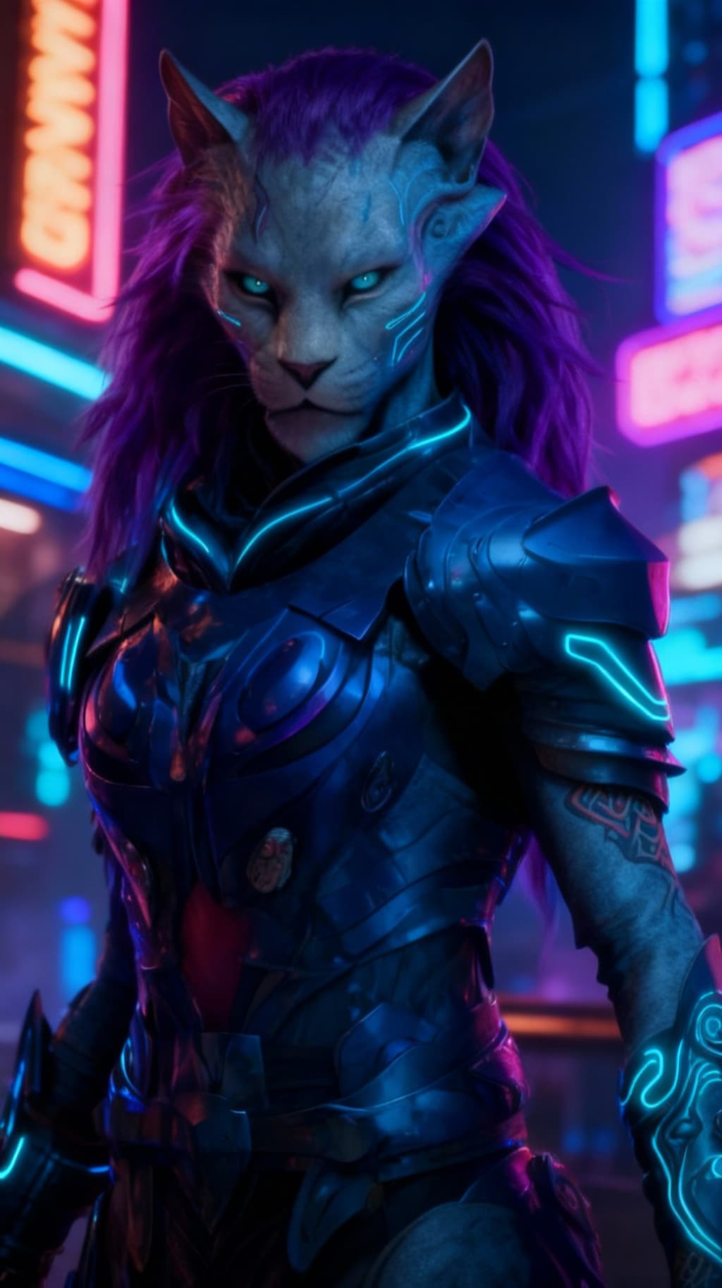 AI generated: Blend anthropomorphic to create a new anthropomorphic, feline alien hybrid. Give a futuristic Nightl...