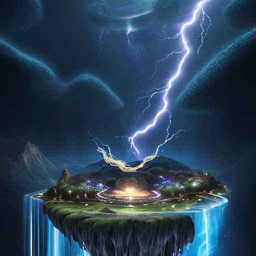 AI generated: focused dream light.
a dreaming world. on the distance, planets with lightning, waterfall and flames...