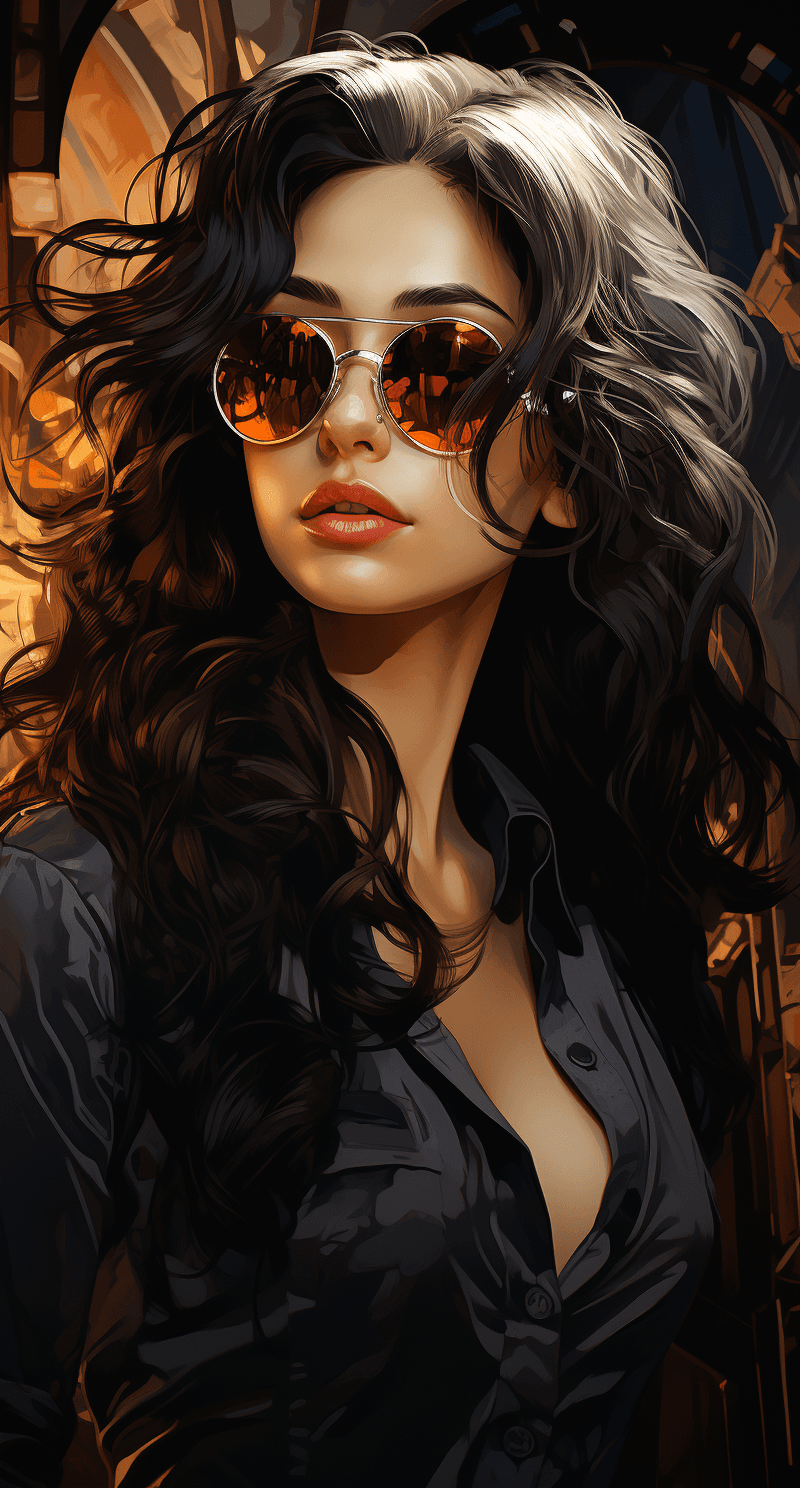 AI generated: the beautiful woman with long hair and dark glasses, in the style of 8k resolution, close-up, dark s...