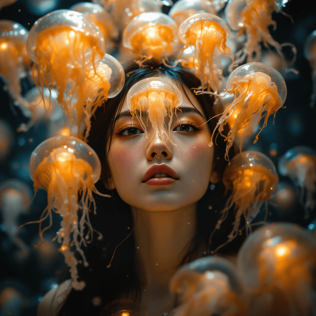 AI generated: a girl's face in the middle of many jelly fish face, in the style of chinapunk, iconic album covers,...