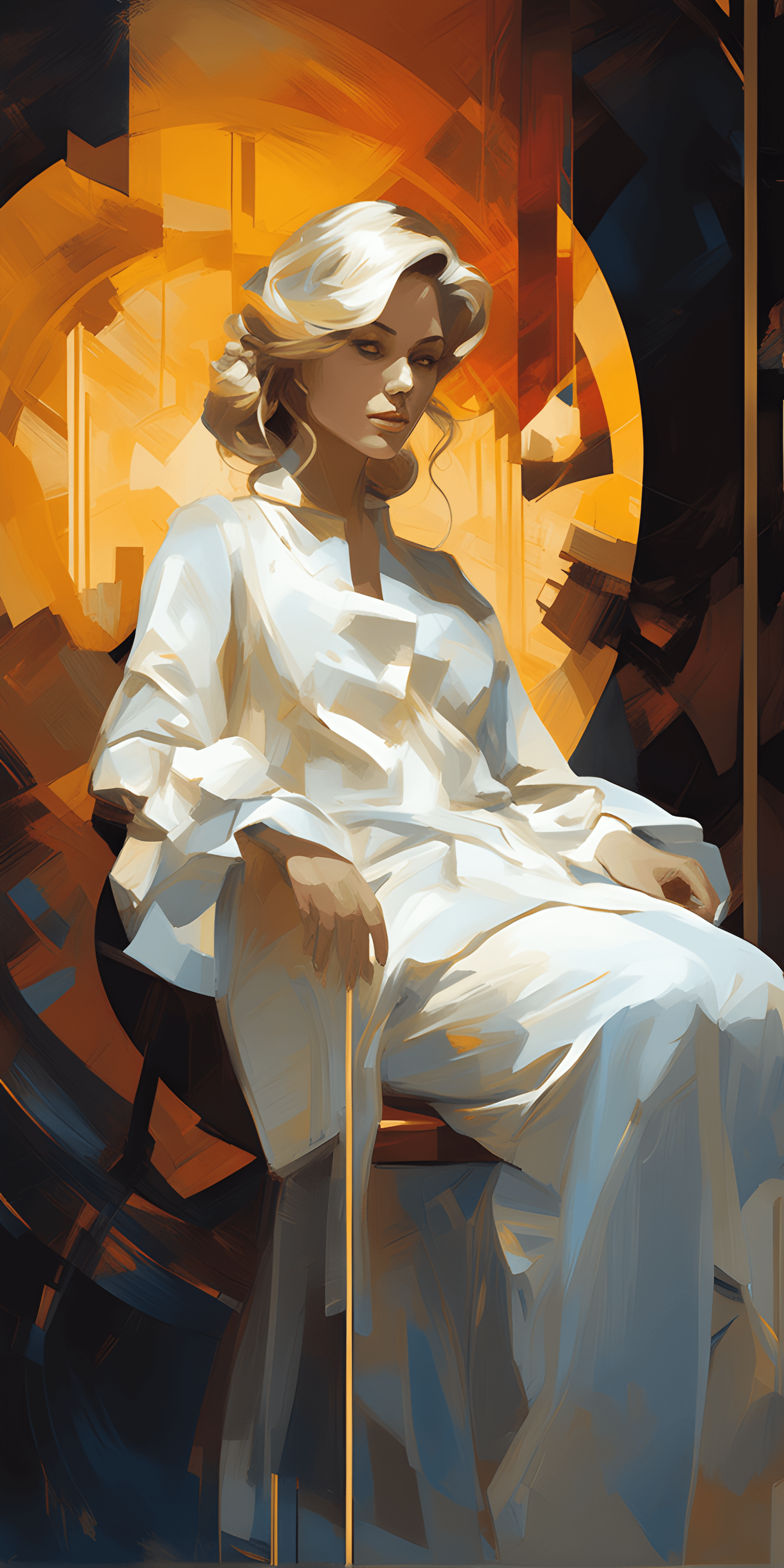 AI generated: painting of a woman sitting in a chair with a yellow background, style of raymond swanland, craig mu...