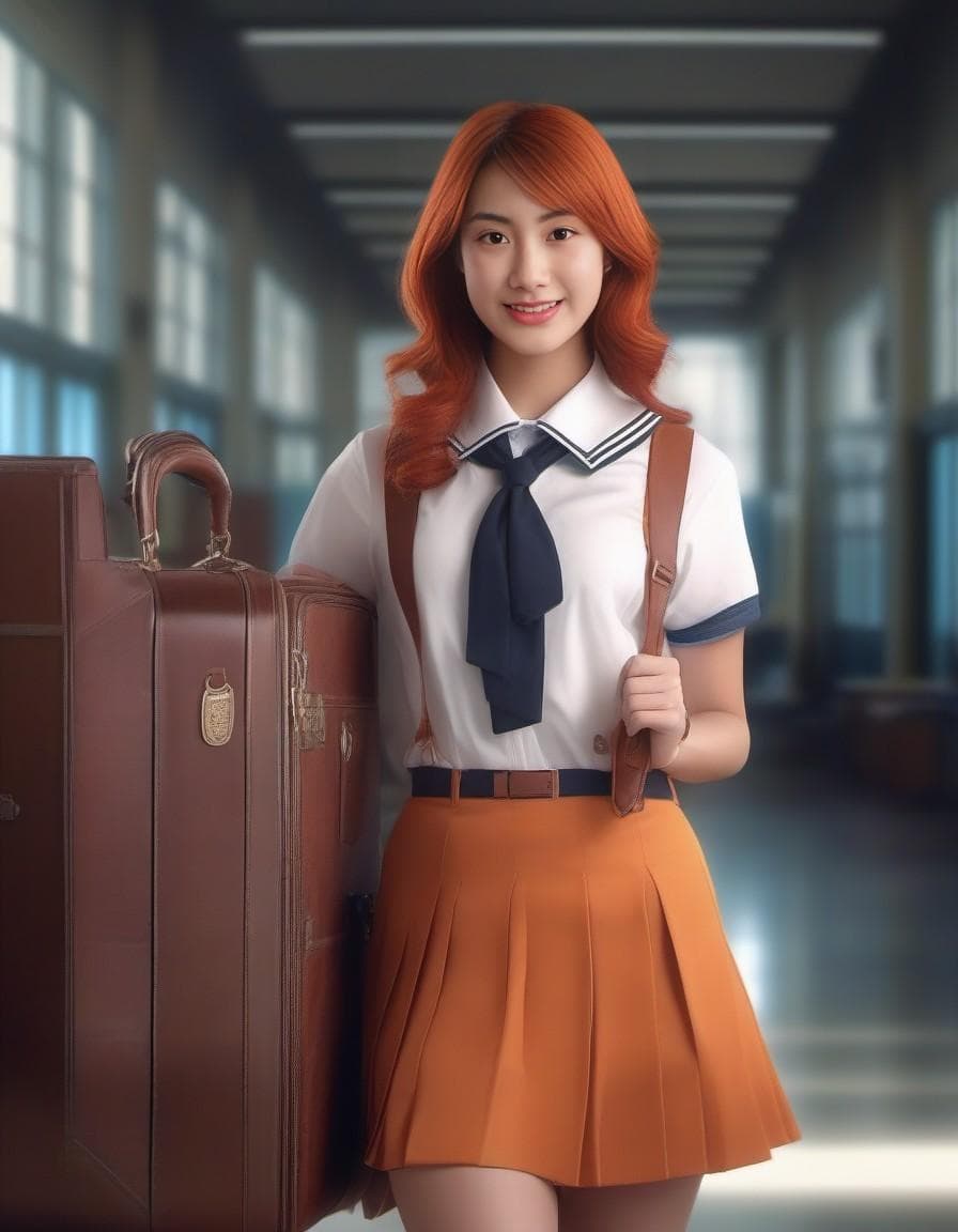 AI generated: masterpiece, mid shot, arafly dressed woman with orange hair and a suitcase, a portrait inspired by ...