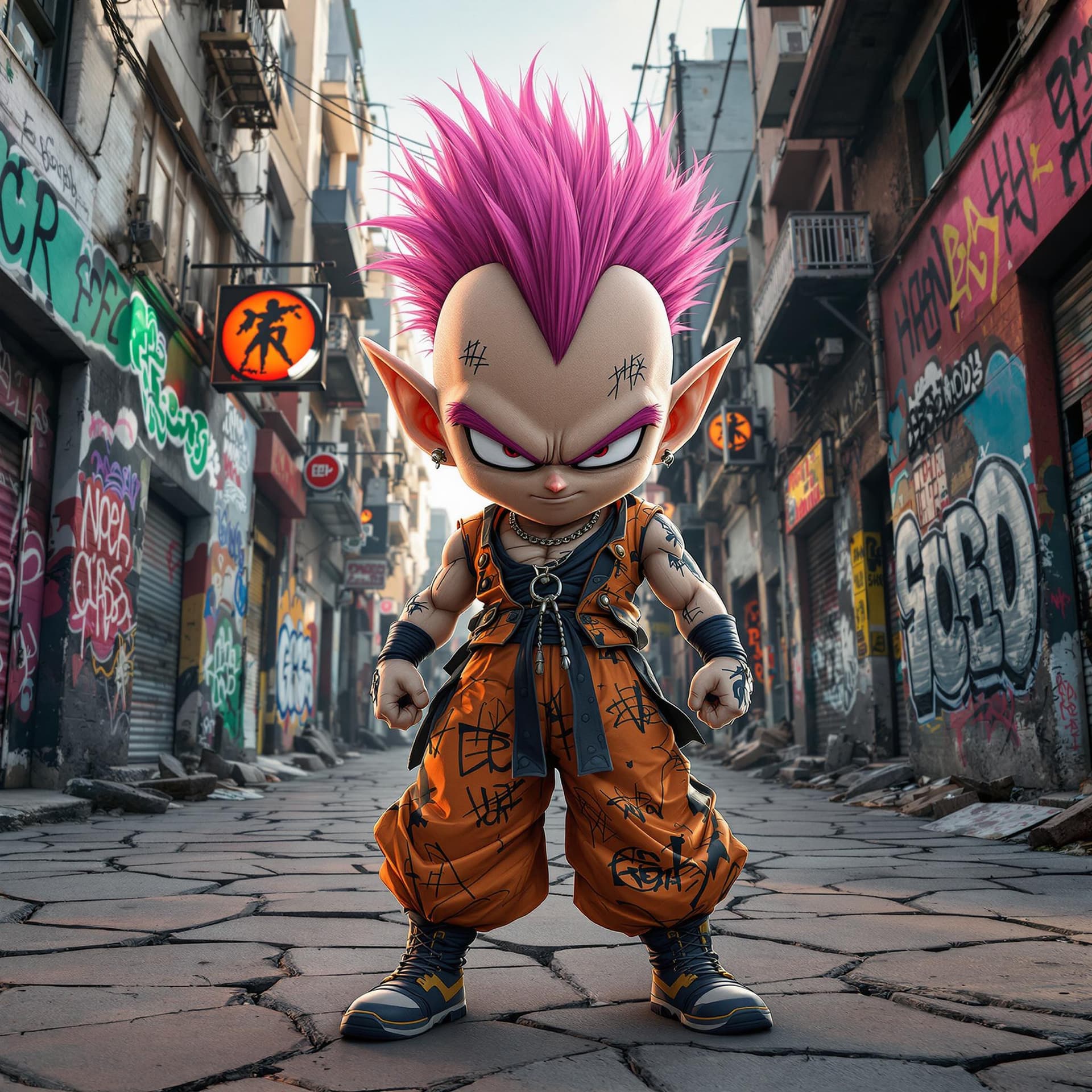AI generated: dragon ball z character gotenks as a Hip hop cartoon graffiti character, standing in the middle of a...