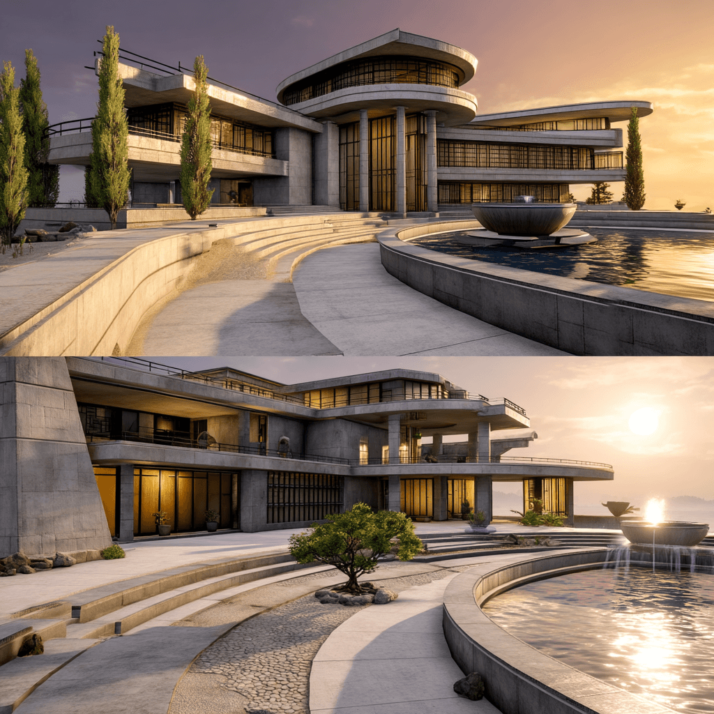 AI generated: majestic mid-century modern mansion resembling a lotus flower, with layered terraces, cascading
wat...