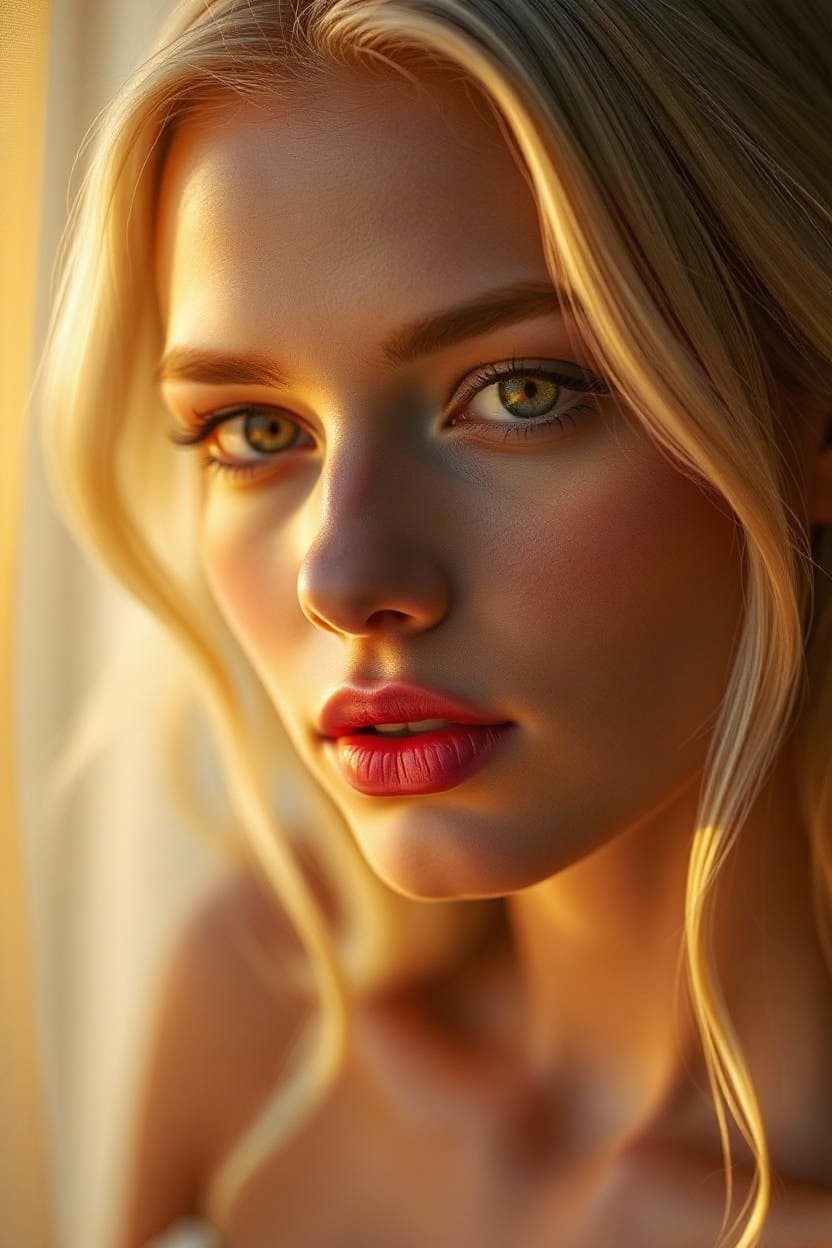 AI generated: "A finely detailed, warm-toned professional photograph of a supermodel with flowing  platinum blonde...