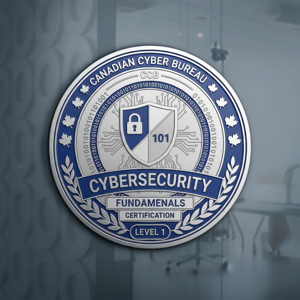 AI generated: Create a professional badge that signifies a qualification from a Canadian bureau, over cybersecurit...