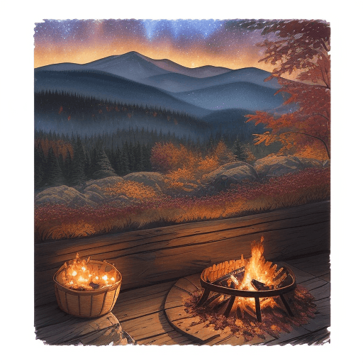 AI generated: ultra realistic watercolor autumn twilight stars over the shoulder perspective, bonfire explore ever...