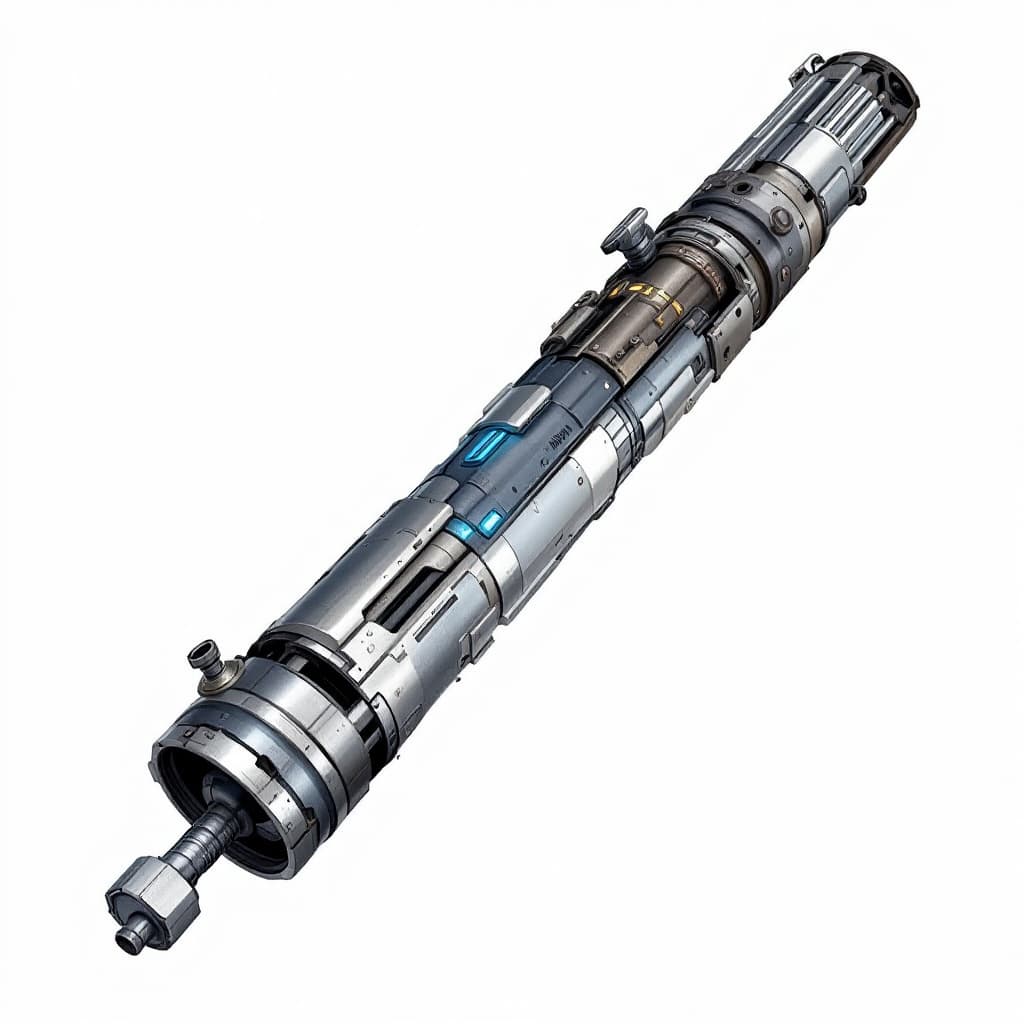 AI generated: a lightsaber hilt for a scavenger who has pieced together their weapon from various parts.