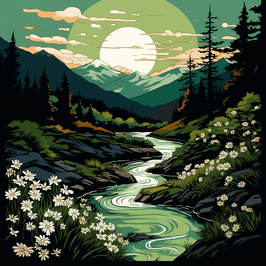 AI generated: Nature vector, forest, flowers, mountains, river, green and brown, artist Leiji Matsumoto, moonlight...