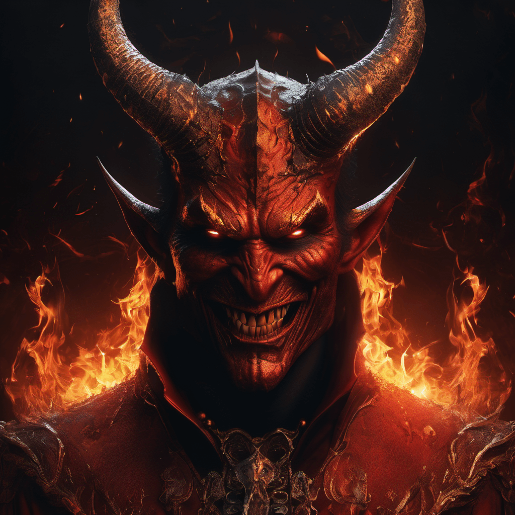 AI generated: mephistopheles, the devil, evil grin, flames, sparks, burnt, close up, epic composition, mysterious ...