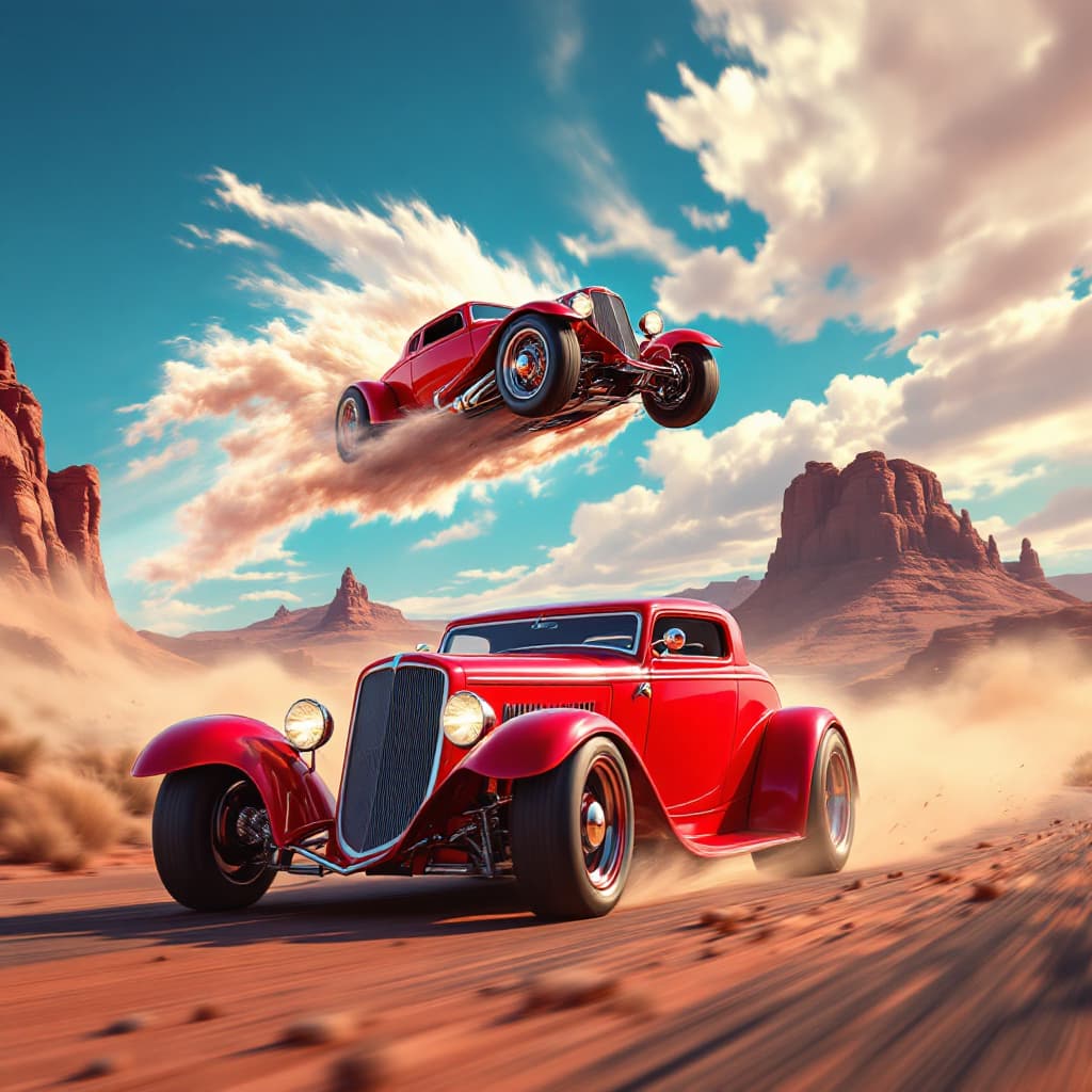 AI generated: a red retro-style car flying mid-air, another similar red car driving on a desert road, both with 19...