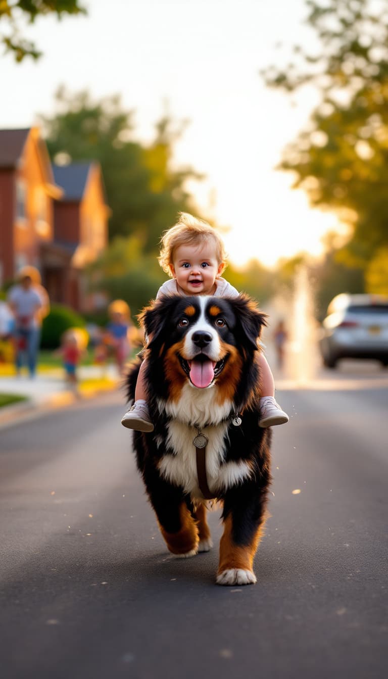 AI generated: tiny baby in play clothes riding massive friendly bernese mountain dog through neighborhood street, ...