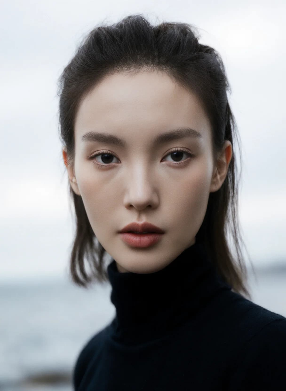 AI generated: A highly realistic portrait of a Nordic woman, with a sharp gaze and intellectual elegance. The ligh...