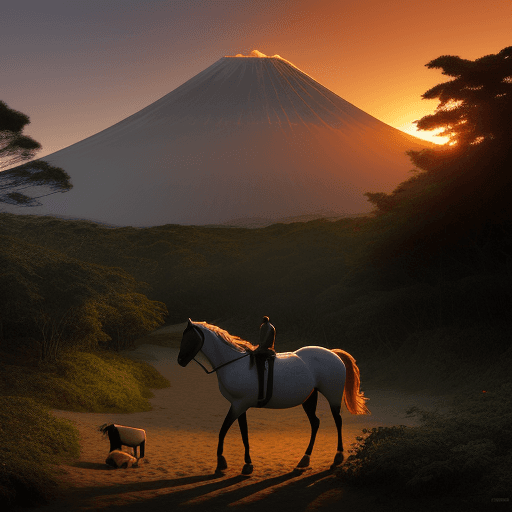 AI generated: horse in forest, near beach and volcano, sunrise