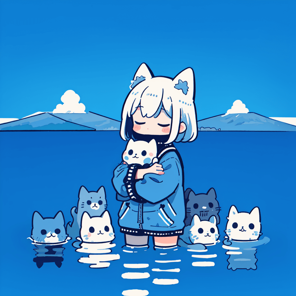 AI generated: best quality,(limited palette,gouache \(medium\):1.1),deep blue theme,
(solo,chibi:1.2),cat ears,cl...