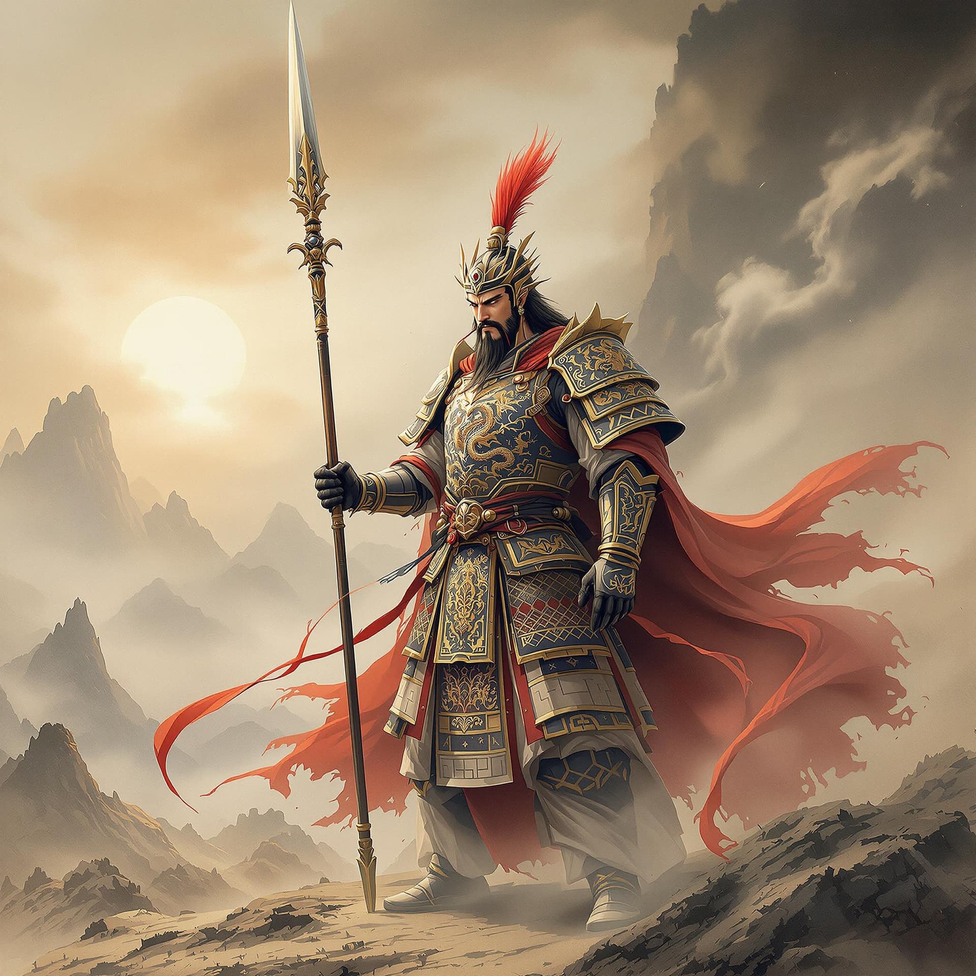 AI generated: A powerful and heroic Chinese ancient general in traditional armor, designed with intricate dragon m...