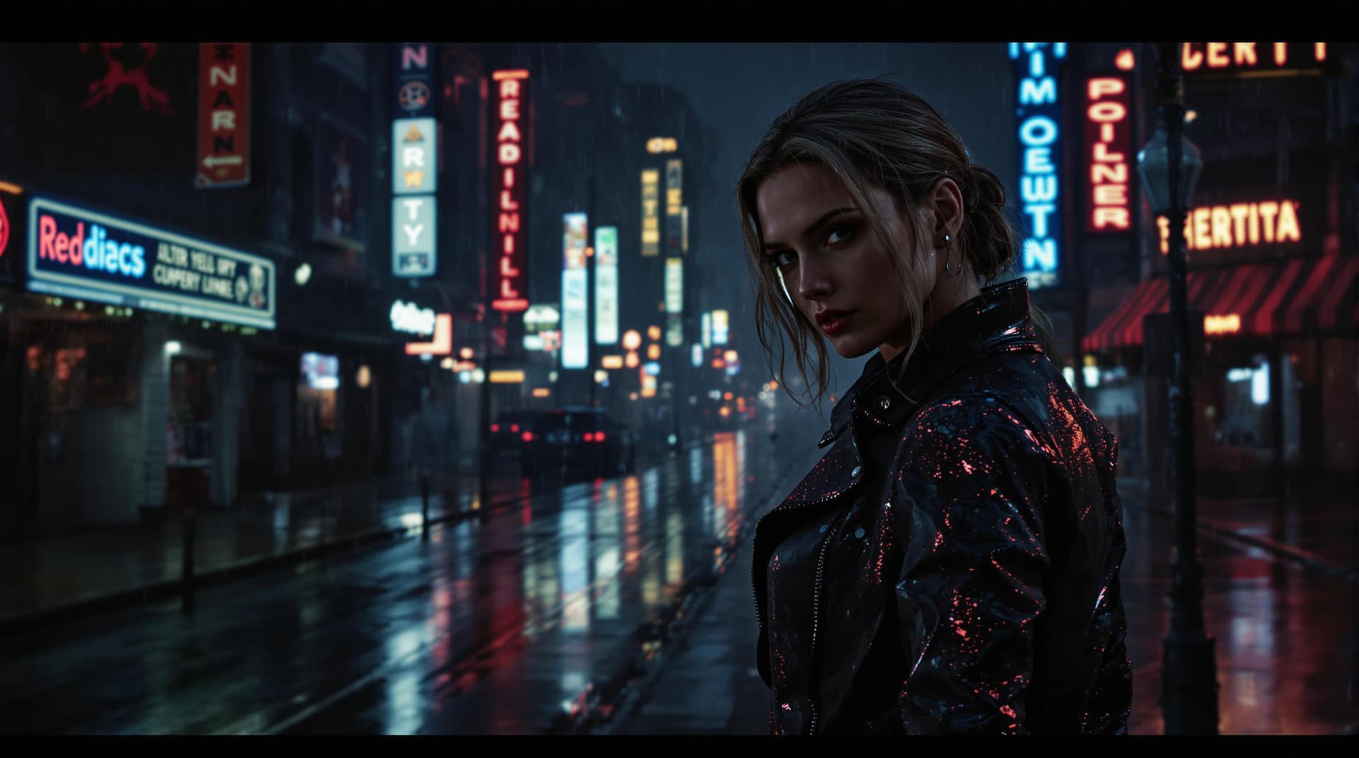 AI generated: Sadie Adler from Red Dead Redemption 2 posing In a dark rainy Dystopian city in the rain, on an empt...
