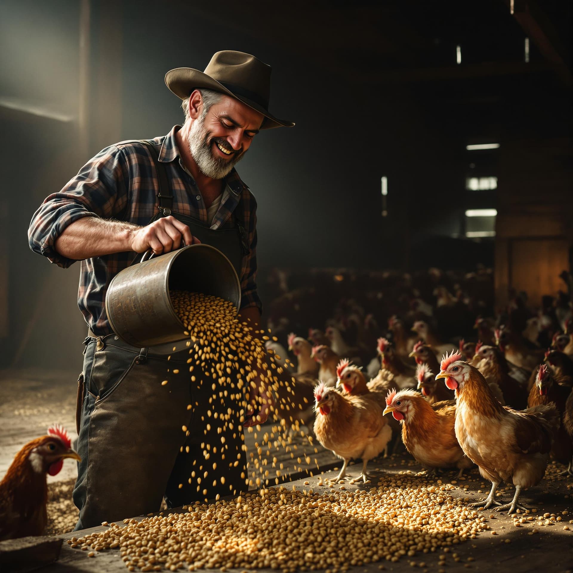 AI generated: A rustic farmer stands in a dimly lit barn, a warm smile spreading across his weathered face as he p...