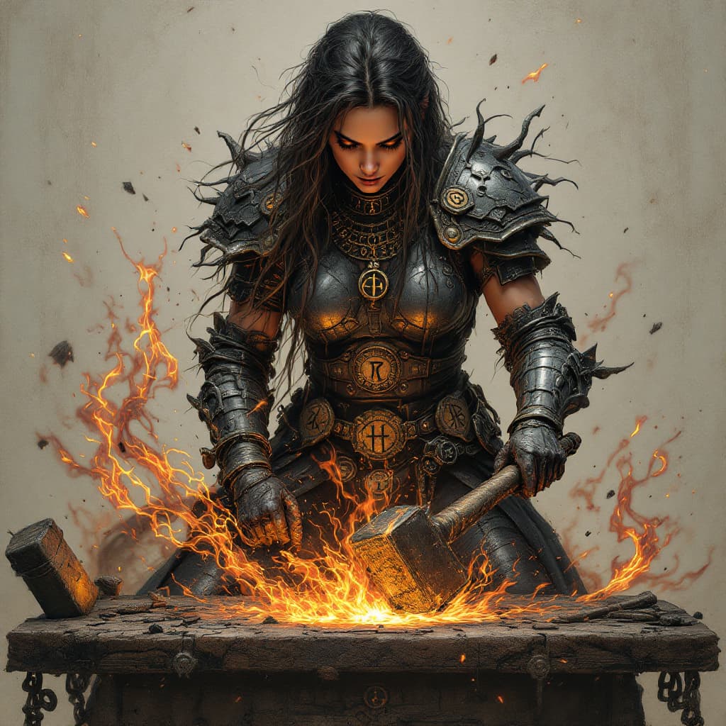 AI generated: A powerful rune smith, where her very form seems to take on the form of the very tools that she is u...