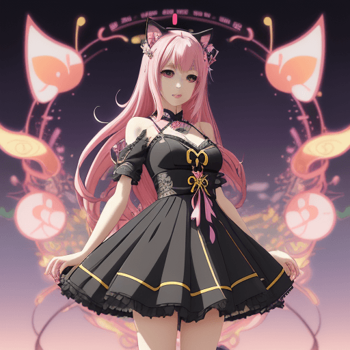 AI generated: a woman with a cat ears and a dress on is standing in front of a colorful background, anime style 4 ...