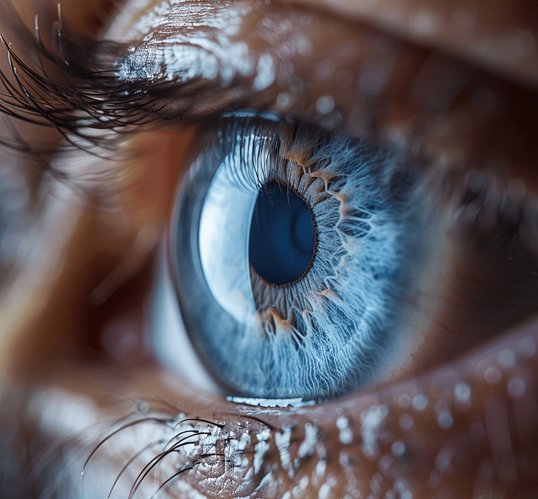 AI generated: A closeup of an eye, the iris is blue with some white at its edge and there is black in the center, ...