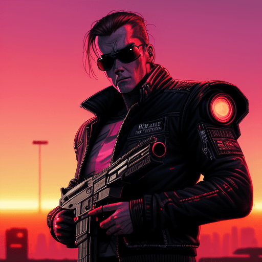 AI generated: a terminator holding a gun in front of a sunset, cyberpunk art by Jan Tengnagel, cgsociety, retrofut...
