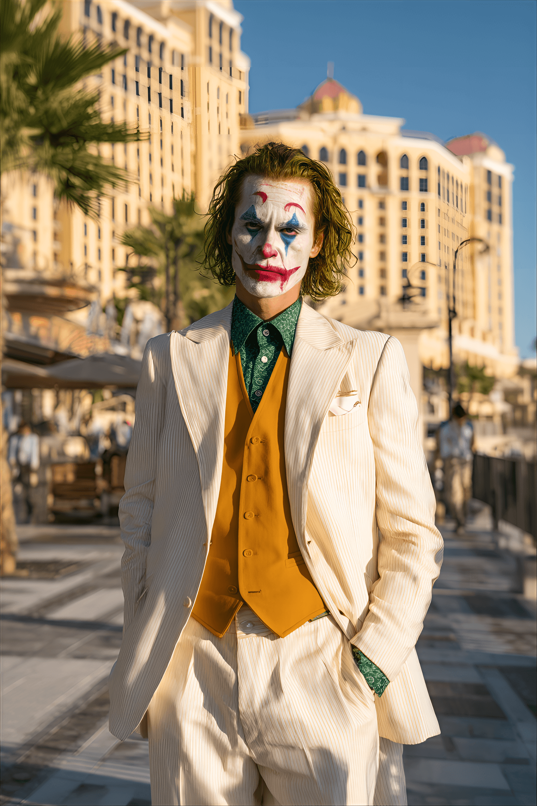 AI generated: Caucasian man, mid-20s, in a cream-colored, tailored suit, vibrant Joker makeup, standing in an urba...