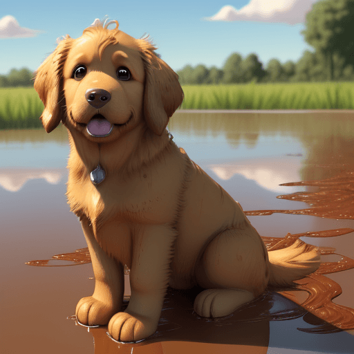 AI generated: Pixar cartoon style, brown eyes, golden retriever, muddy paws, looking at sky