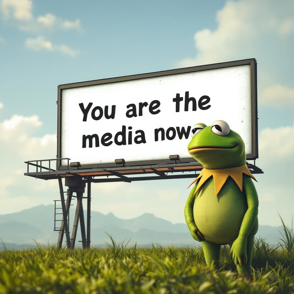 AI generated: pepe the frog with a billboard that says "You are the media now"