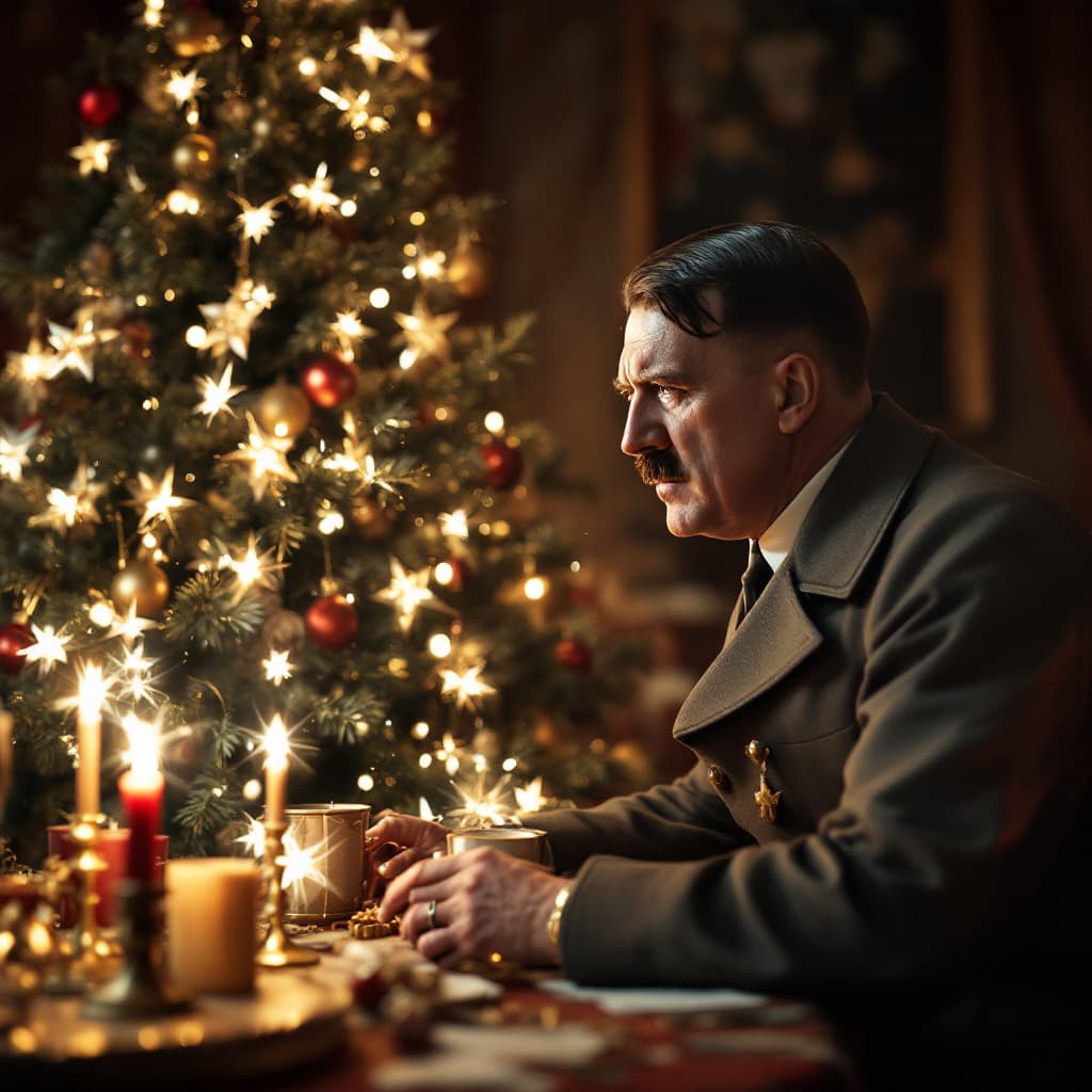 AI generated: Adolf Hitler,Adolf Hitler celebrates New Year around the Christmas tree, 8k, high render, high quali...