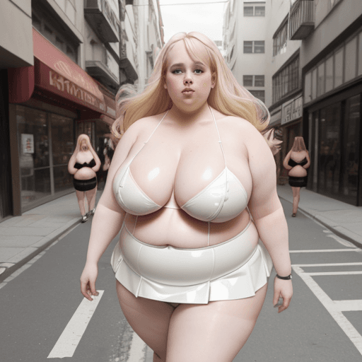 AI generated: Obese bbw pale skinned blonde walking the streets in tiny pvc mini skirt and bikini  top