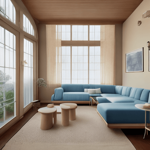 AI generated: High resolution photography interior design, dreamy sunken living room conversation pit, wooden floo...