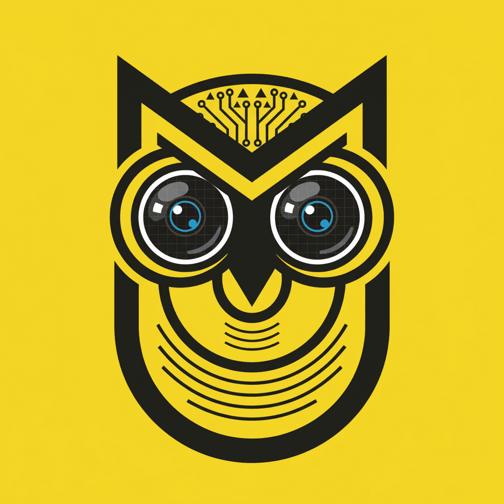 AI generated: Technical Logo without text representing a brainy AI powered owl (with closed wings) used as as vide...