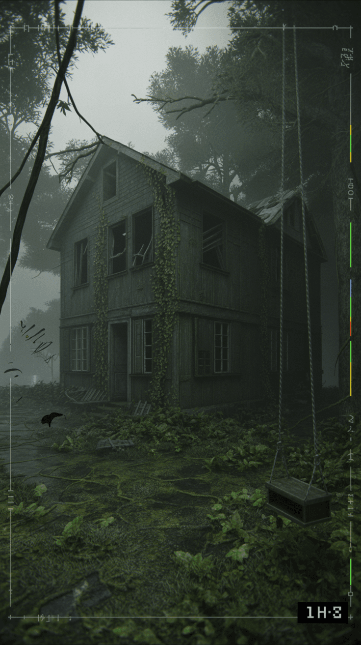 AI generated: A hyper-realistic, dark abandoned house deep in a dense forest, covered in damp moss and vines, part...