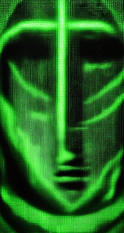 AI generated: A close-up shot of the enigmatic female hacker's face emerges from a glowing, green-binary-code-embe...