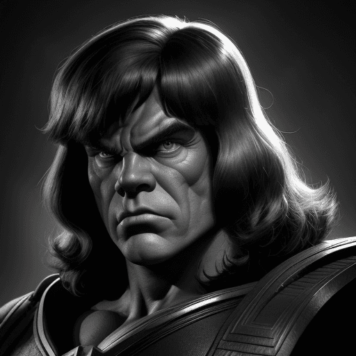 AI generated: 
"Create an image of He-Man from a 1950s film, emphasizing rich texture layers, dark black and light...