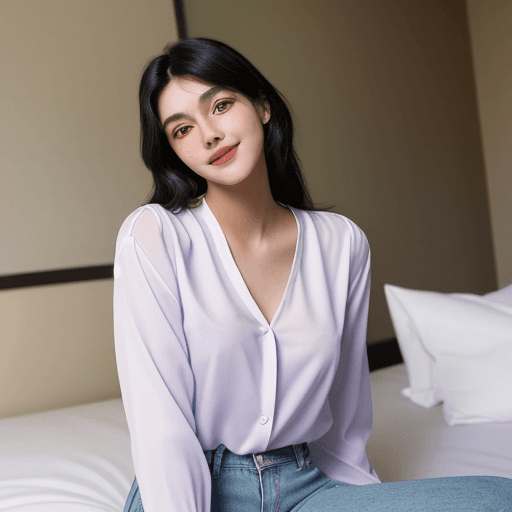 AI generated: A pretty 19 year old sitting on a hotel bed. She is wearing white jeans and a cute, purple blouse. S...