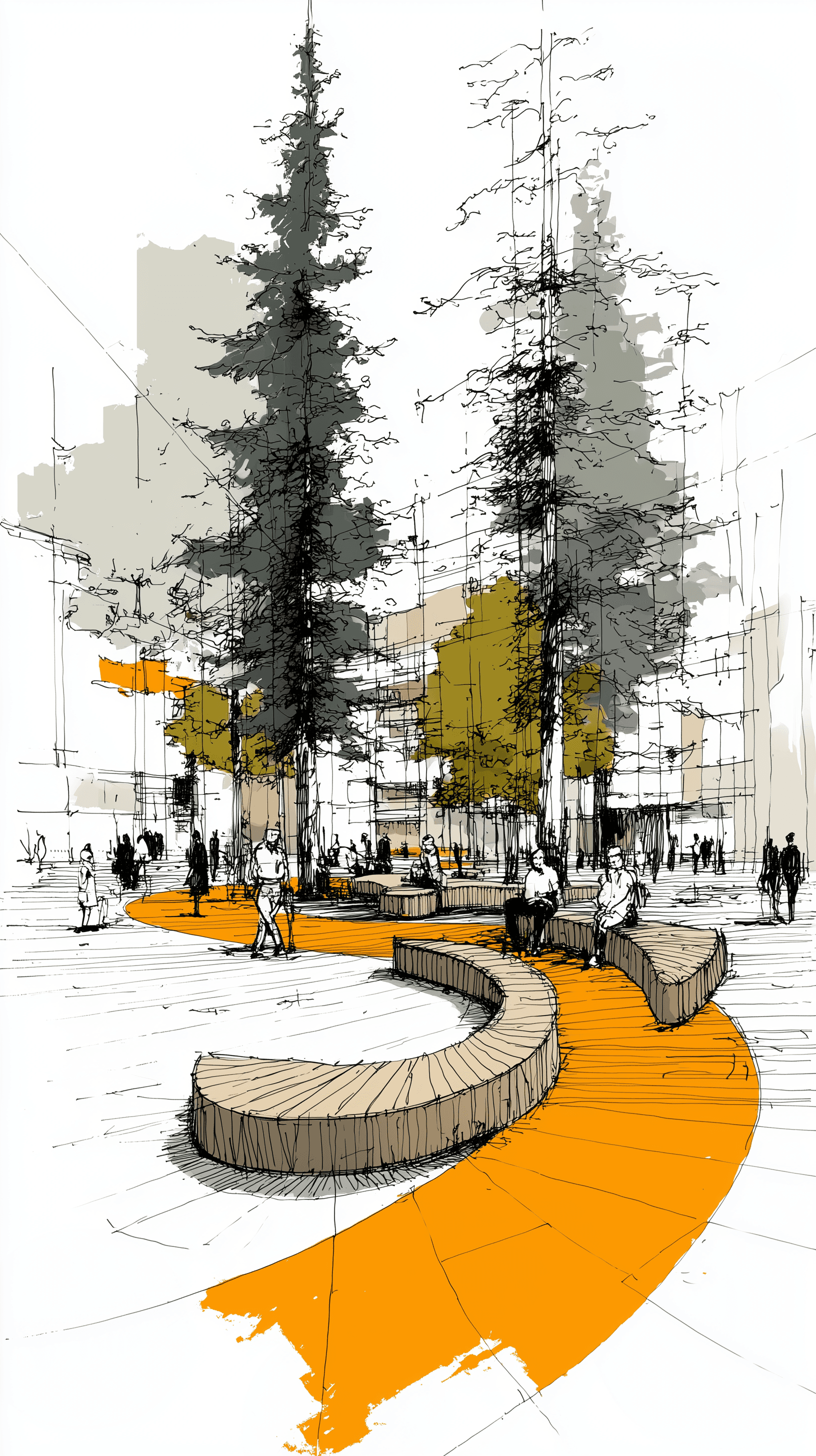 AI generated: concept sketch, perspective, park landscape design, curved wooden benches and pine trees, grid align...