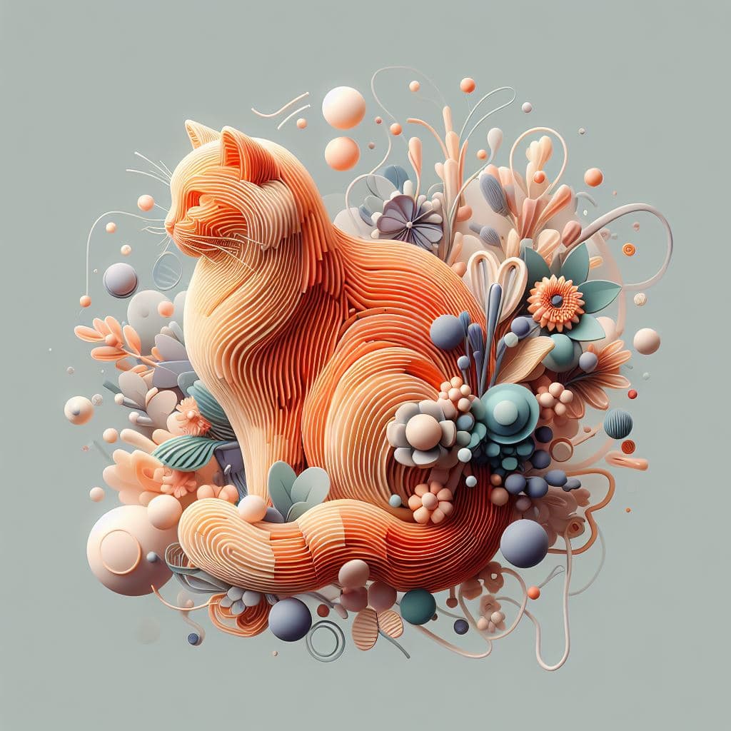 AI generated: abstract 3D shape ginger cat, foliage and flowers incorporated, light emitting, green background