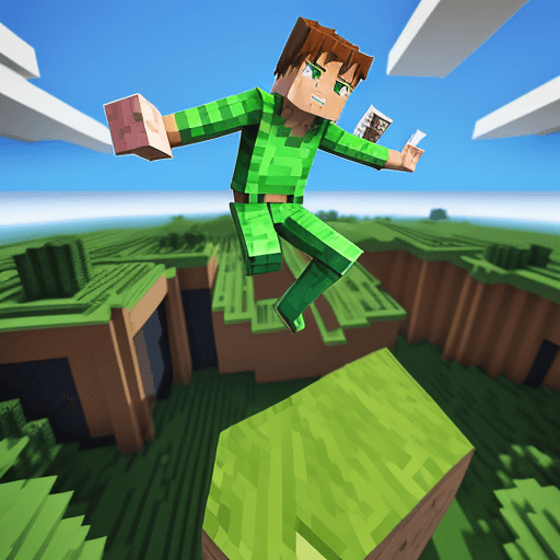 AI generated: minecraft style character boy jumping up in the air, freeze frame caught in the jump, feet of the gr...
