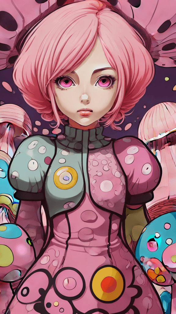 AI generated: in a funky background portrait of little mushroom woman, pink hair, Prominent eyes, funky background...
